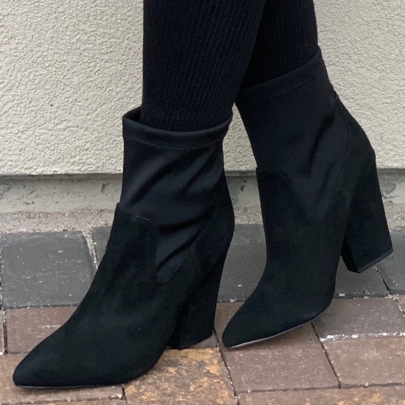 Black Genuine Suede Bold Heel Sock Ankle Booties - Picture 2 of 8
